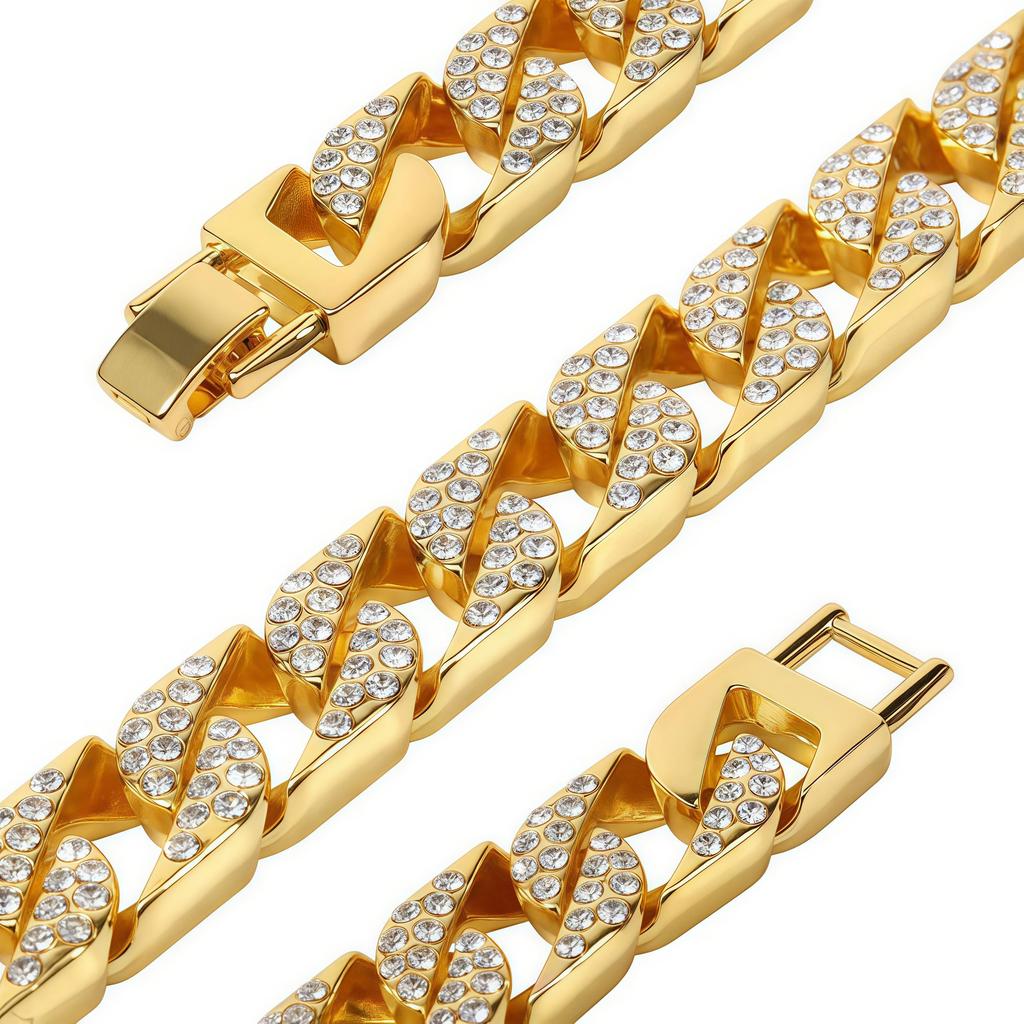 Stainless Steel Gold Chains CZ Fully Iced-Out Miami Cuban Link Necklace 18"-30" 14mm