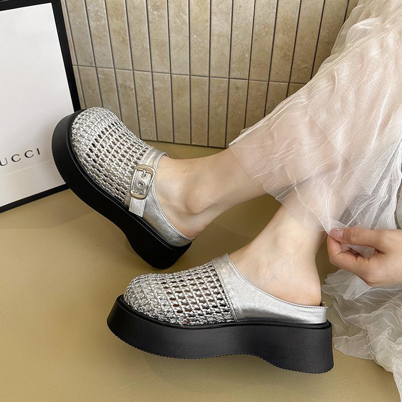 Muffin Plateau Loafer Damen Fischernetz Neu Frühling und Sommer Explosion Retro gewebte Taschenkopf Halbschuhe Kleine Sandalen