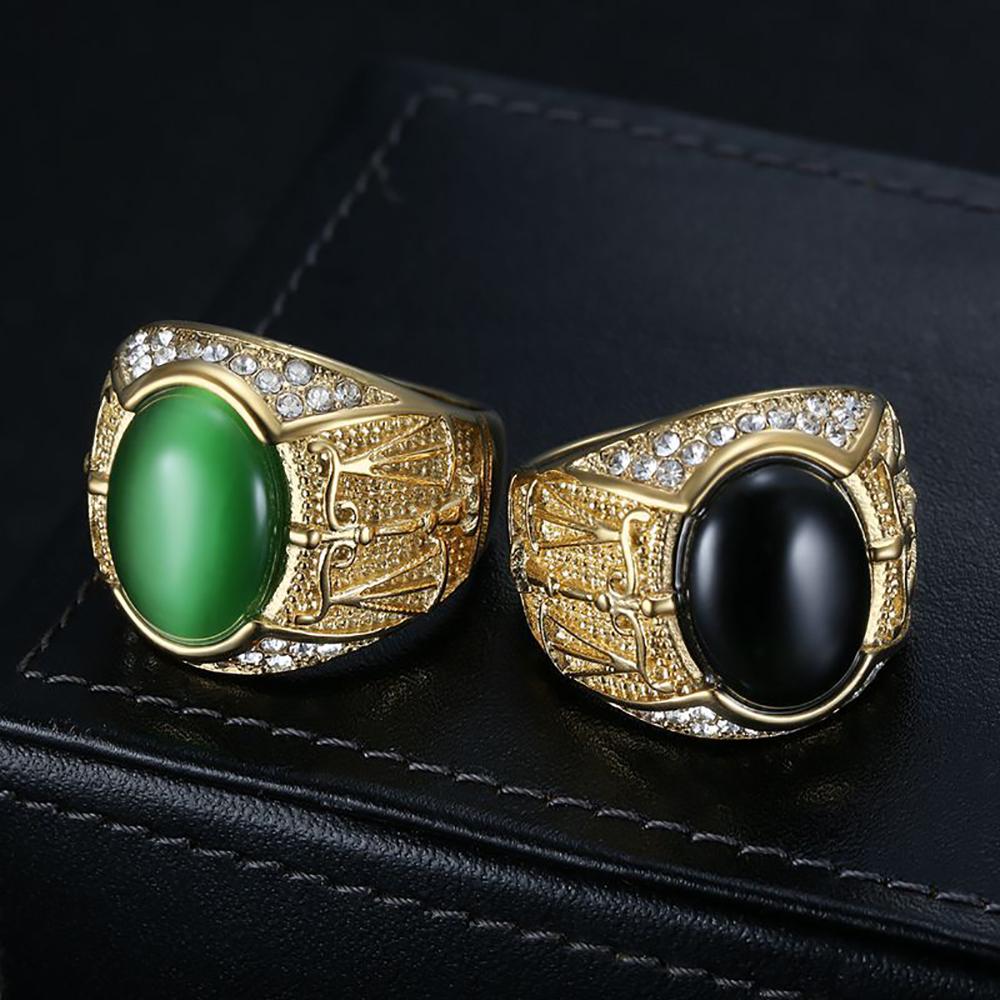 Vintage Classic Gold Color Stainless Steel Rings for Men Women Fashion Green/Black Stone Ring Biker Solid Finger Jewelry Gift