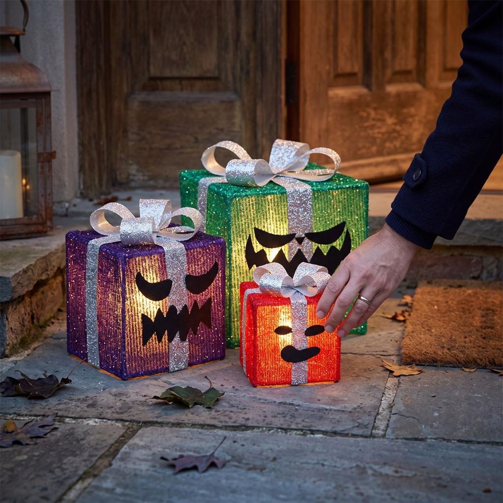Halloween Light-Up Gift Box Set - 3 Pack Glowing Decorative Boxes for Treats, Party Favors and Holiday Decor
