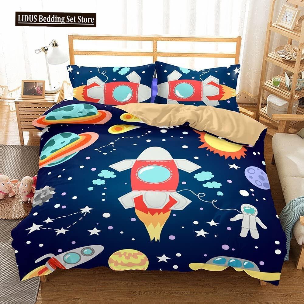 3D Astronaut Duvet Cover Set Galaxy Star Bedding Set Polyester Comforter Cover Girl Kid Bedroom Decor King Size With Pillowcase