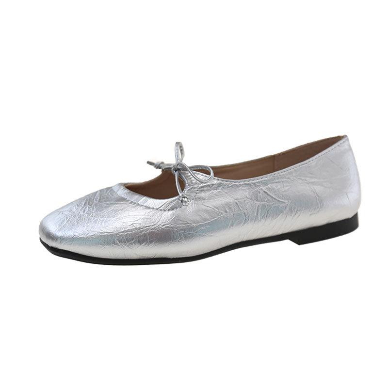 Temperament Square Head Bow Flat-soled Single Shoes Women's 2025 Spring Commuting Shallow Mouth Soft Sole Pleated Ballet Mary Jane Shoes