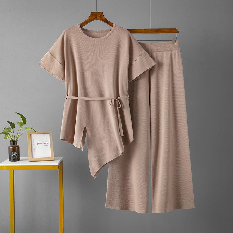 Fashion Suit Irregular Round Neck Waist Knitted Top Two-piece Set High Waist Thin Wide Leg Pants Trousers
