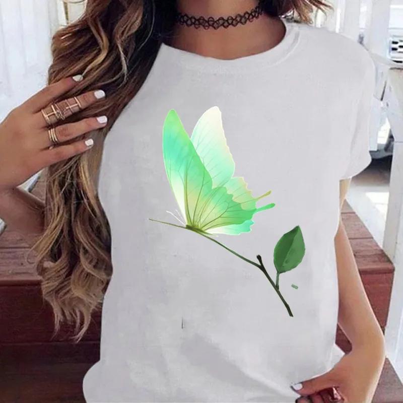 Woman Butterfly Tree Print Harajuku Summer Tshirts Casual Round Neck Short Slee Top Tee Shirt Women Black T-shirt Drop Ship