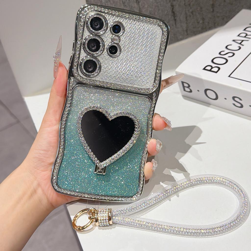 Gradient Glitter Rhinestone Phone Case For Samsung Galaxy S26 Ultra S25 S24 Plus Heart-shaped Mirror Stand Strap Bling Cover
