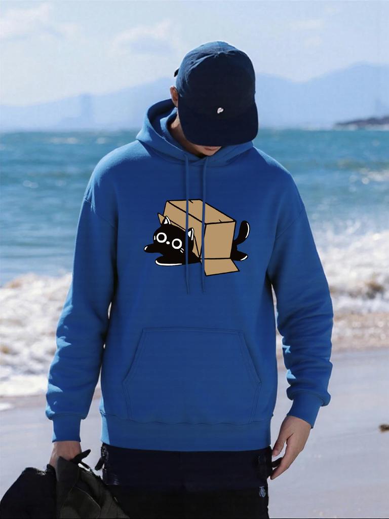 Cardboard Box Black Cat Printing Man Hoody Loose Fleece Hoodies Autumn All-Match Pullovers Multicolor Hip Hop Mens Sportswears