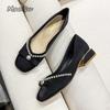 Fashion Women Pumps Mid Heels Fashion Sweet Square Toe Chunky Heel Shoes Pearl Satin Bowknot Woman Wedding Party Bride Shoes Ladies 43