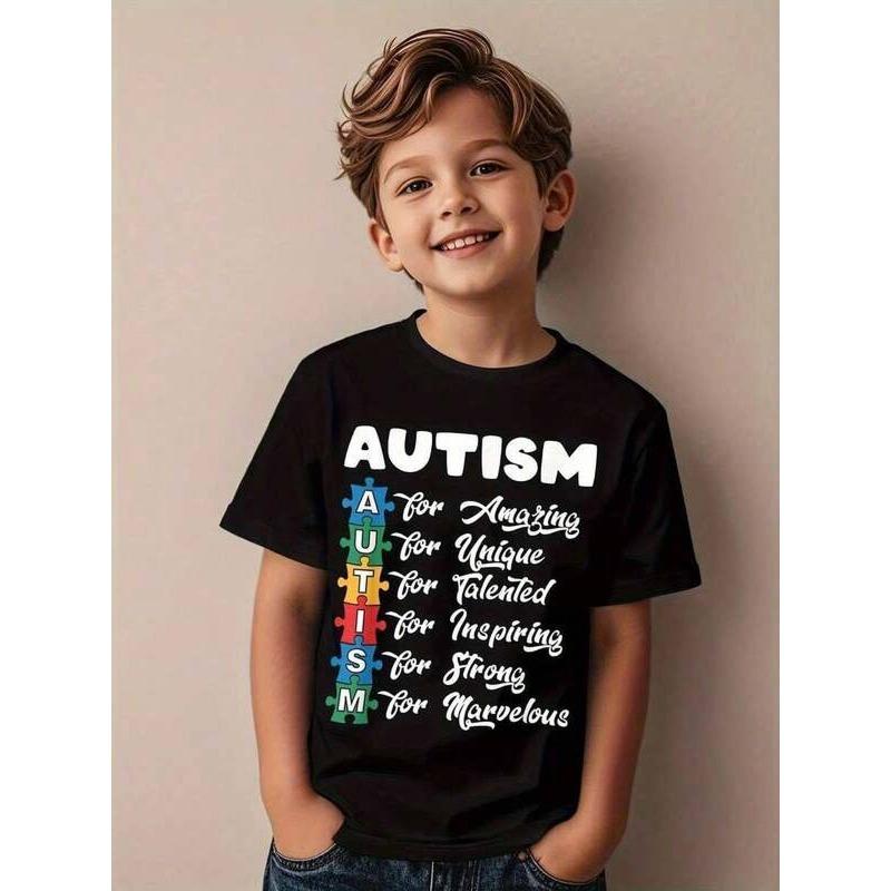 European sizes Boys' Colorful Puzzle Autism Alphabet T-Shirt, Children's Care Theme Print, Top, Student Casual Versatile Wear