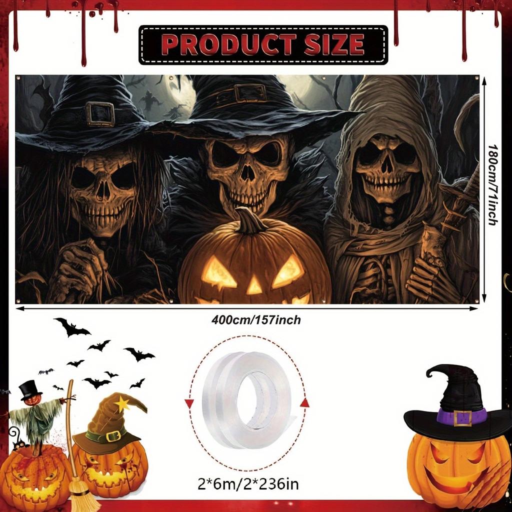 1 Piece Halloween Garage Banner Three Skeleton Wizards Evil Staring At You In the Background Party Atmosphere Background