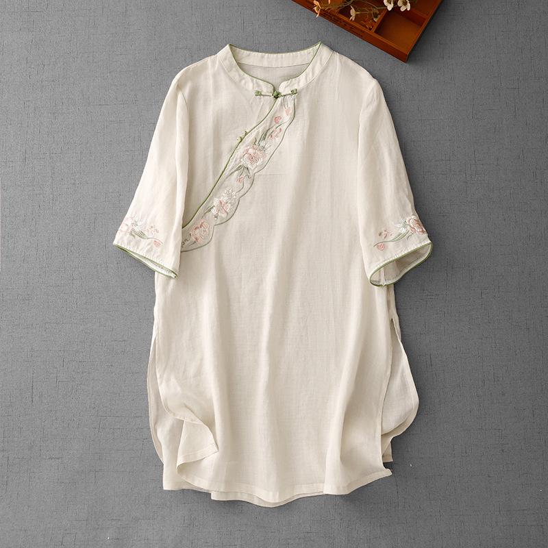 Summer Style Women s Mid-Length Ramie Shirt with Stand Collar and Embroidery Design M