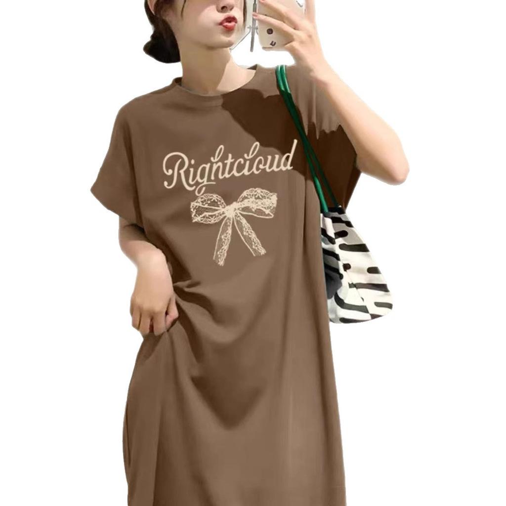 Korean alphabet print casual t-shirt dress women's lazy style loose medium and long knee split lazy skirt