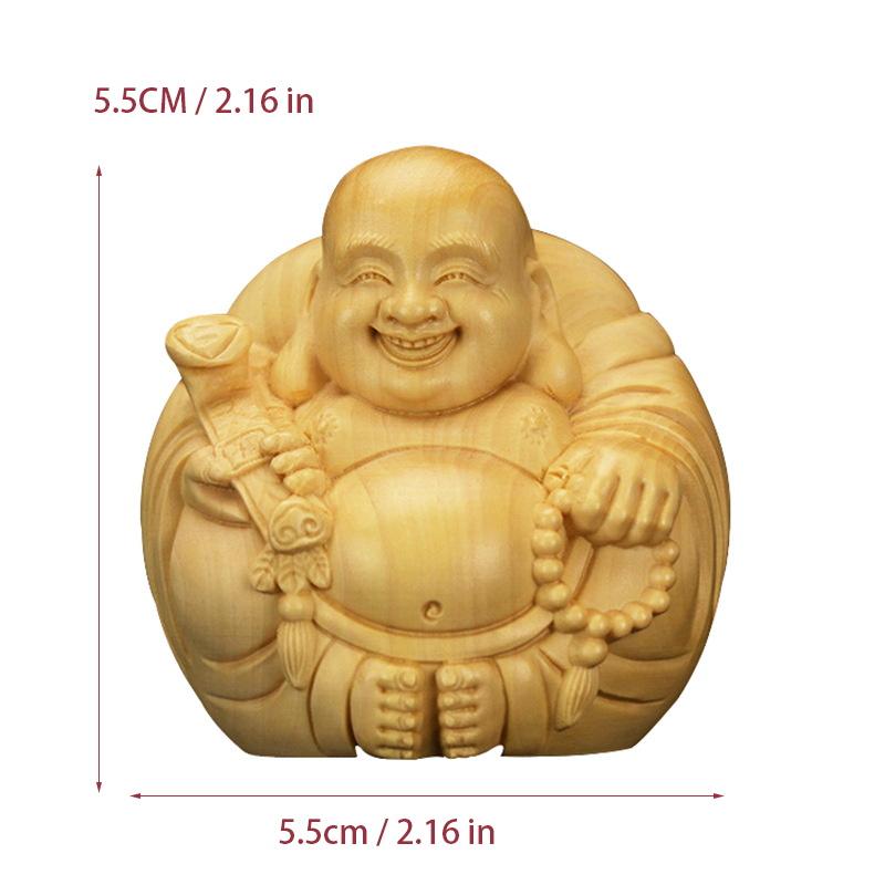 Natural Solid Wood Carving Laughing Buddha, Figure Statue Chinese God of Wealth Cute Home Room Office Car Decoration Figurine