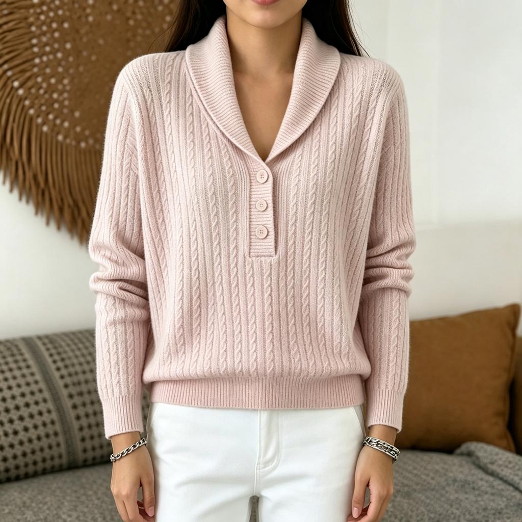 Women's Color Knit Button Sweater with Cable Knit Collar for Casual Wear