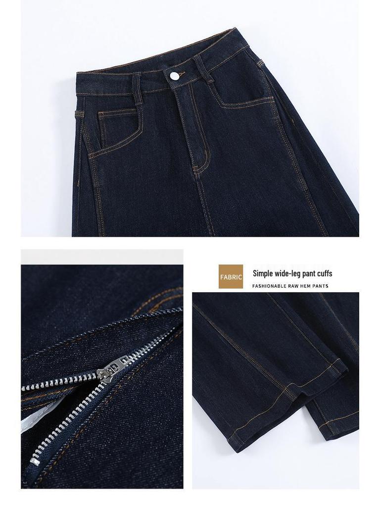 Dark Blue Fleece-Lined High-Waisted Wide-Leg Jeans for Women - Autumn/Winter Versatile Slimming Straight Pants