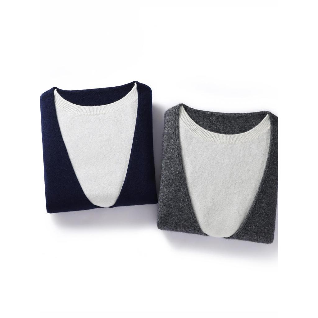 35% Cashmere Women's Color Block Faux Layered Korean Style Pullover Sweater