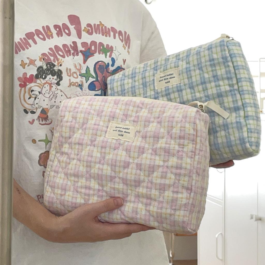 Vintage Plaid Women's Storage Bags Large Capacity Cosmetic Bag Make Up Case Soft Cotton Portable Female Clutch Purse Handbags