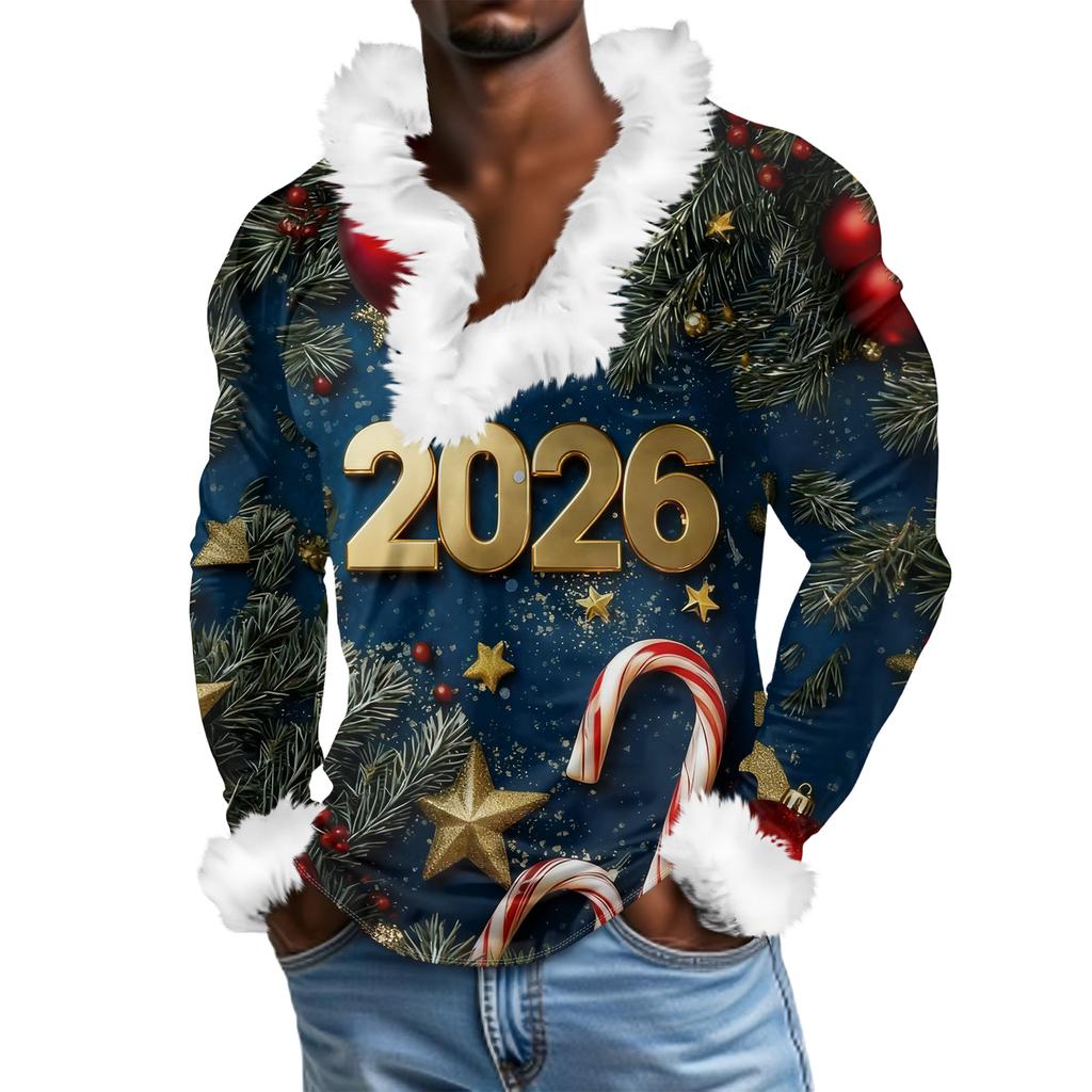 Herren Lässiges Weihnachten Bedrucktes Plüsch V-Ausschnitt und Fleece Langarm-Sweatshirt