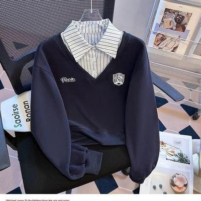 Plus Size Two-Piece Patchwork Polo Neck Sweatshirt - Women's Loose Slimming College Style for Spring & Autumn