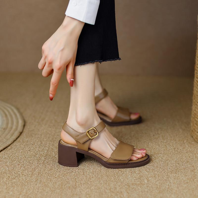2024 New Square Toe Genuine Leather Sandals Woman Ladies Back Strap Slingbacks Shoes Buckle Square High Heel Sandals Women