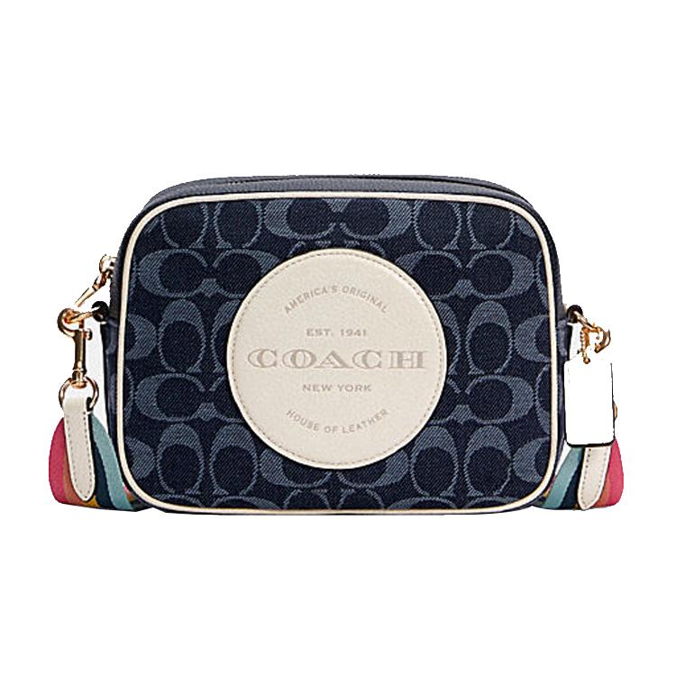 New COACH Dempsey Fabric With Leather Camera Bag, Shoulder Bag, Crossbody Bag Trumpets Women's Denim Blue C2822-IMDEI