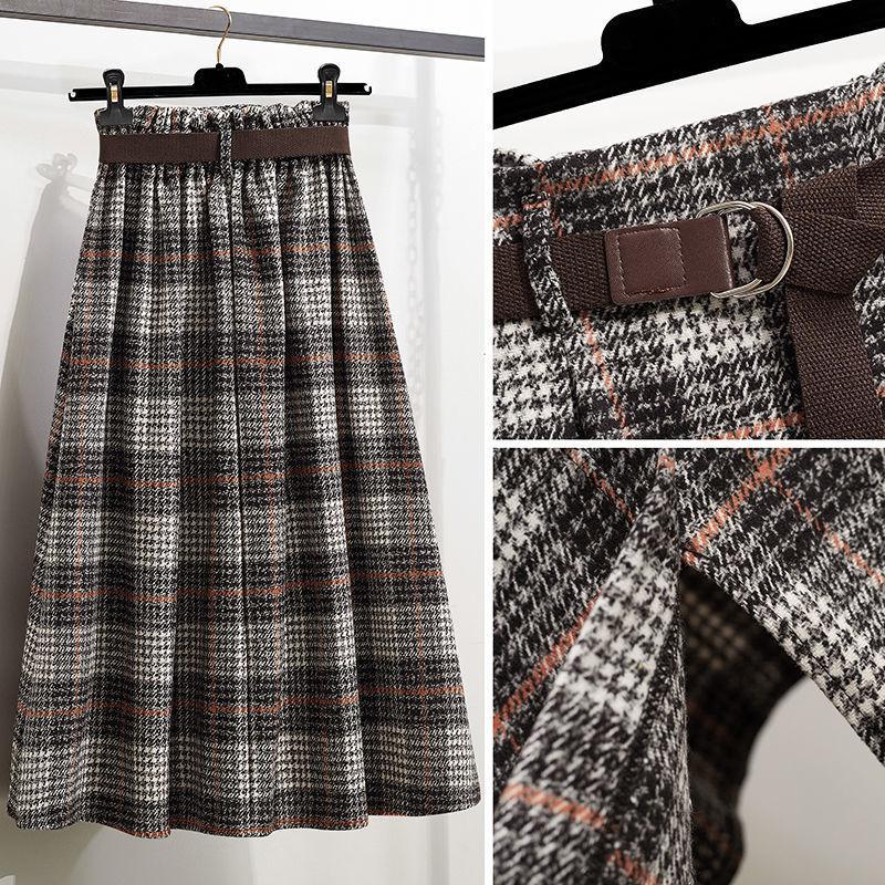 Jupe Plaid Laine Grande Taille Automne et Hiver Jupe Trapèze Femme Mi-longue Irrégulière Taille Haute Épaissie Jupe Longue
