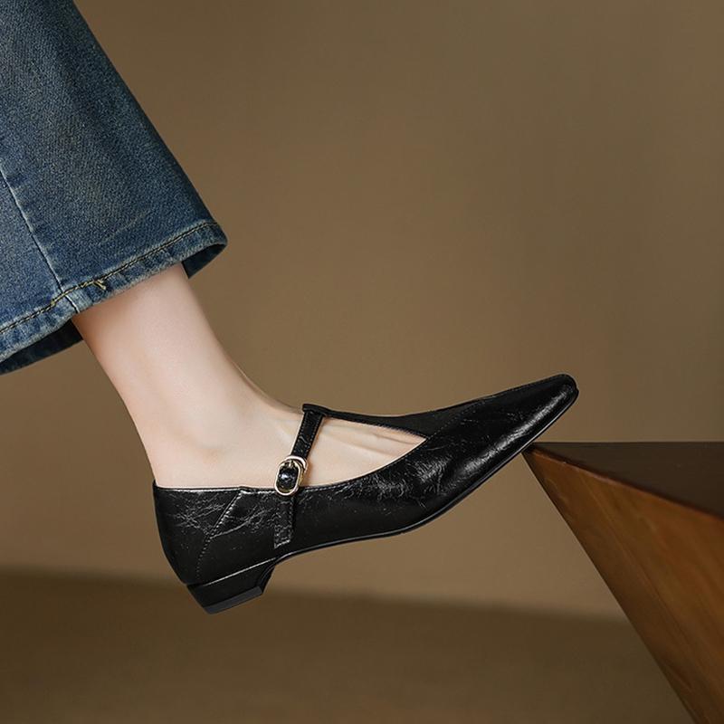 Fashion NEW Spring/Autumn Women Pumps Pointed Toe Low Heel Shoes Split Leather Shoes for Women Concise Shallow T-Strap Mary Janes Shoes