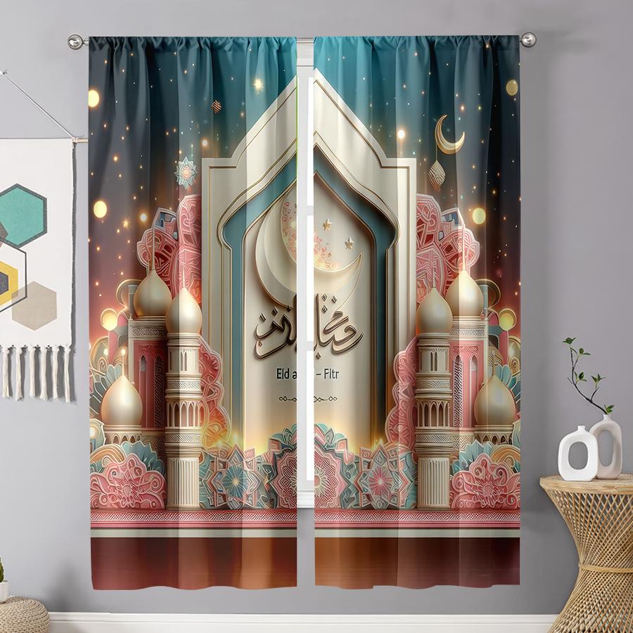 2pcs  Eid al Fitr Theme Traditional Pattern Curtains Islamic Style Living Room Bedroom Drawbar Pocket Window Decoration