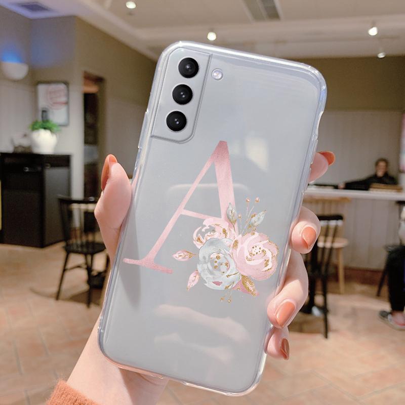 Initial Letter Cover For Samsung Galaxy S23 S24 S25 Plus Ultra Case Transparent Soft Silicone Flowers Capa For Samsung S23+ Bag