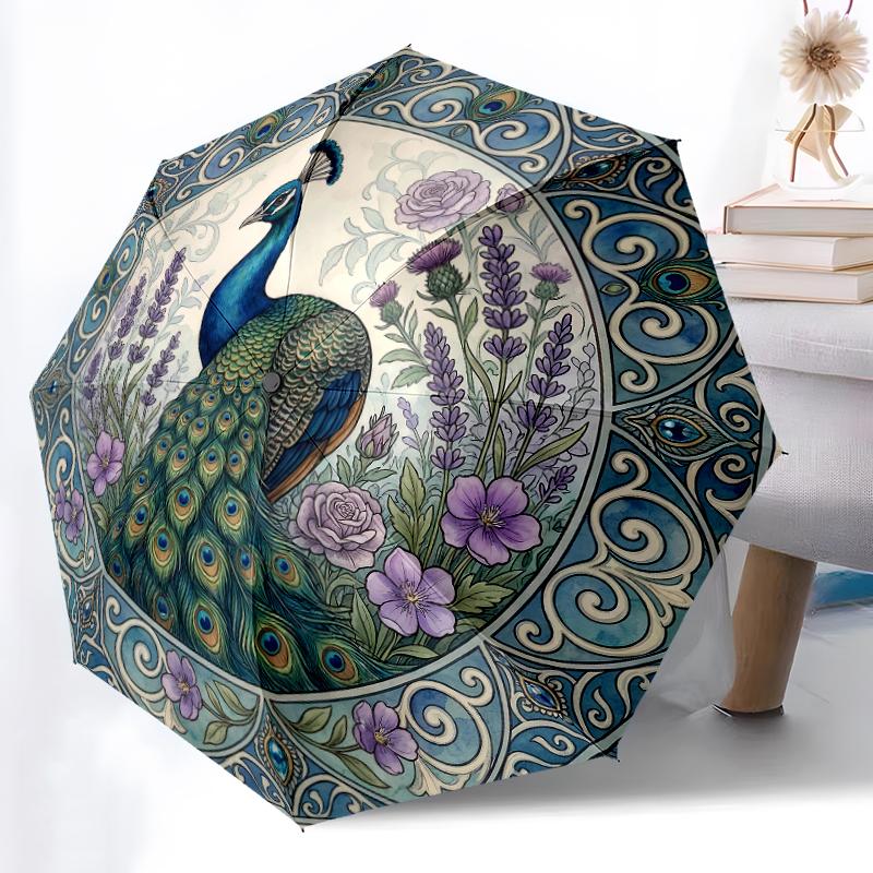 

1pc Sturdy 8-Bone Auto Umbrella, Regal Peacock Mystic Aura Umbrella, Digital Printed, Foldable Umbrella for On-the-Go Outdoor Use