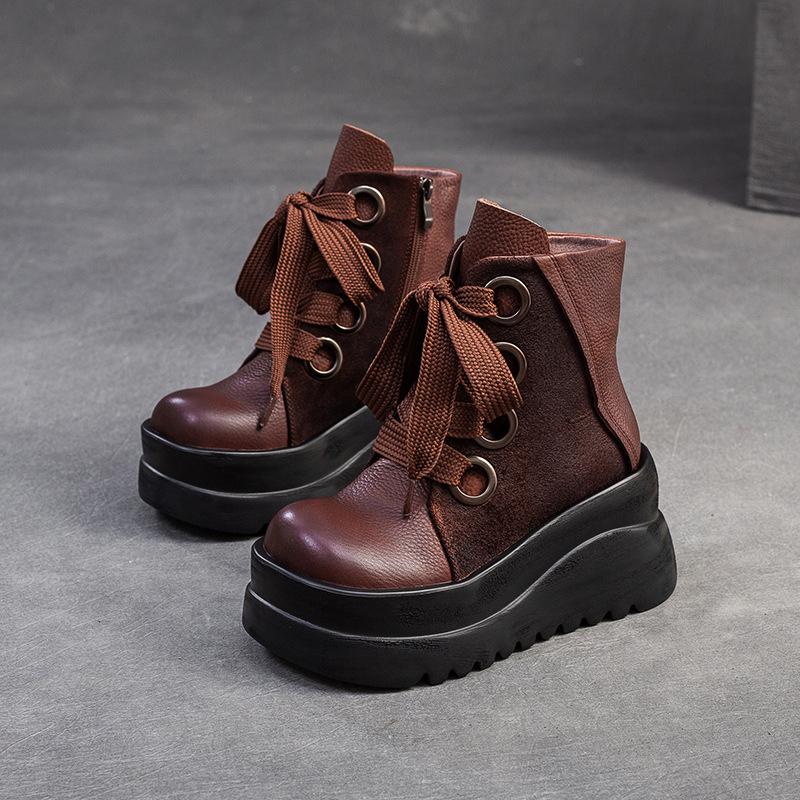 Johnature Genuine Leather Wedges Short Boots Retro Thick Soled Side Zipper Versatile Women's Shoes