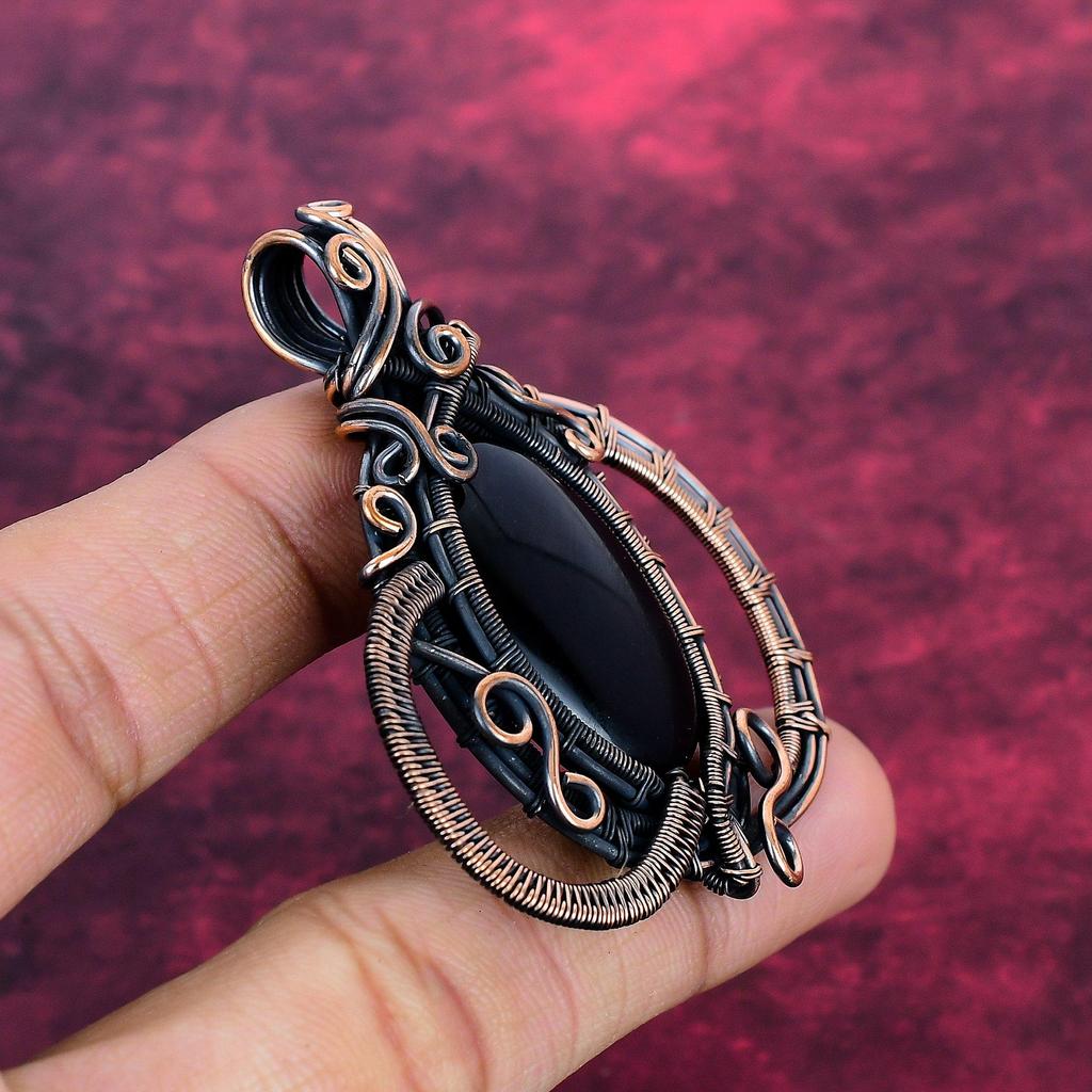 Black Onyx Gemstone Pendant Handmade Unique Jewelry Copper Wire Wrapped Pendant