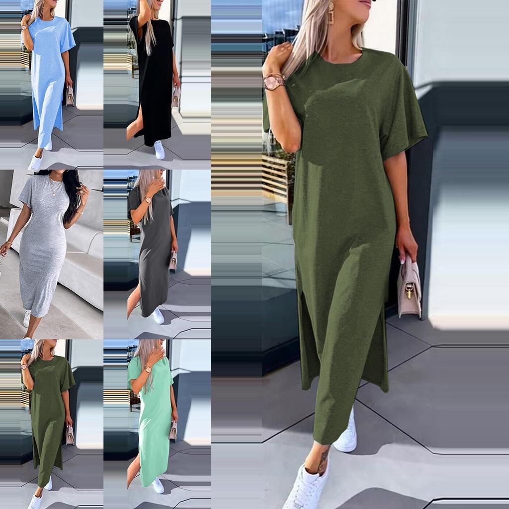 Women's Solid-Color Short-Sleeve Round-Neck Split-Hem Dress for Summer and Fall