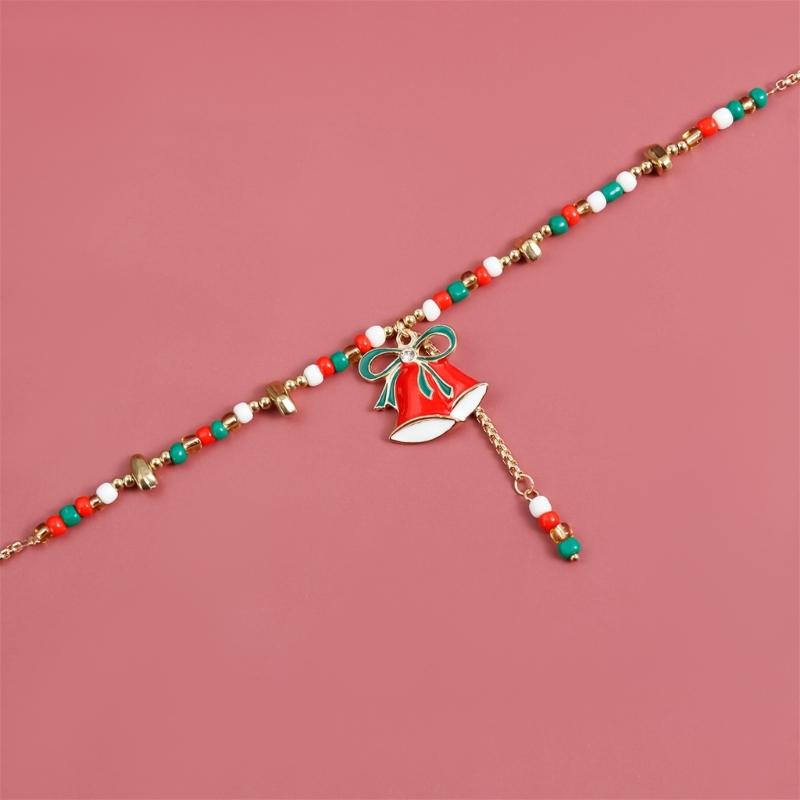 Festive Christmas Cartoon Bell Pendant Beaded Necklace Adjustable Collarbone Chain Jewelry Gift For Women