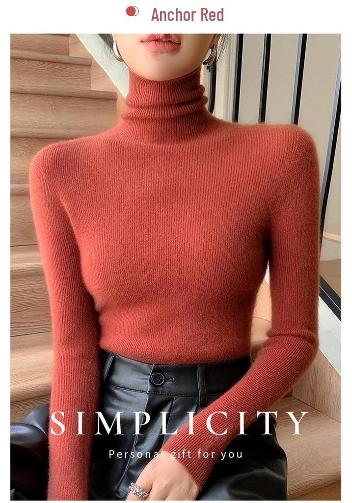 Women's Slim-Fit High-Neck Seamless Wool Base Layer Shirt, Autumn/Winter, Ruched Neck, Knitted Sweater.