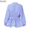 ZANZEA Women Casual O-neck Long Sleeve 3D Ruffles Splice Loose Stripe Blouse