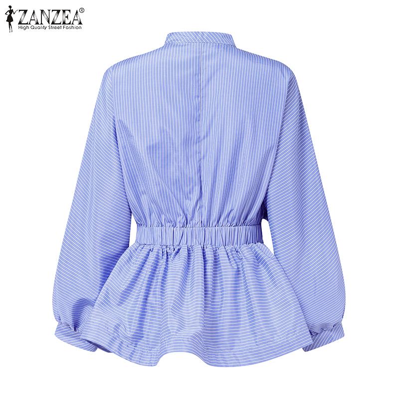 ZANZEA Women Casual O-neck Long Sleeve 3D Ruffles Splice Loose Stripe Blouse