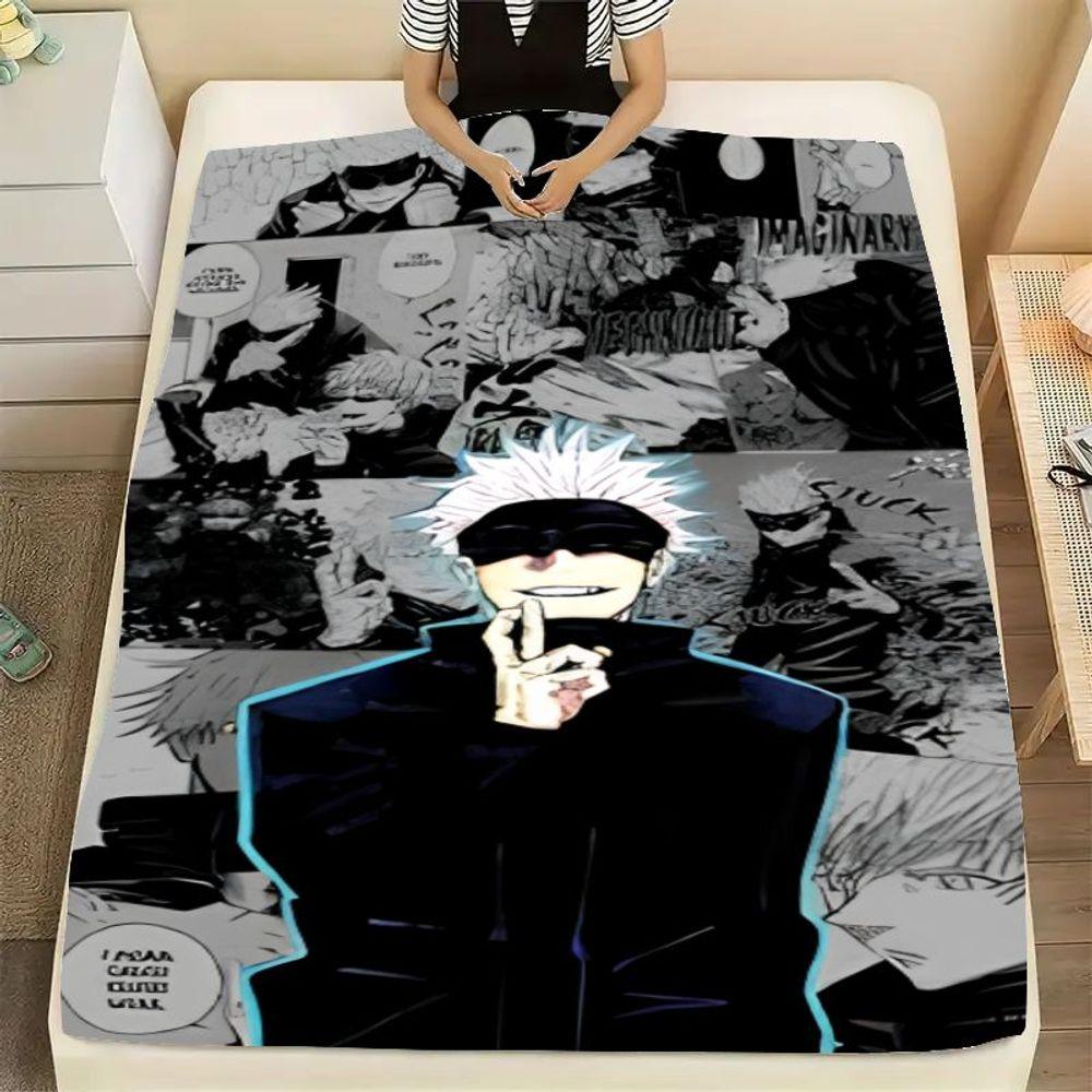 Unique Manga-Inspired Blanket Featuring a Confident Character with Spiky White Hair & Black Blindfold - Cozy & Stylish Shonen An