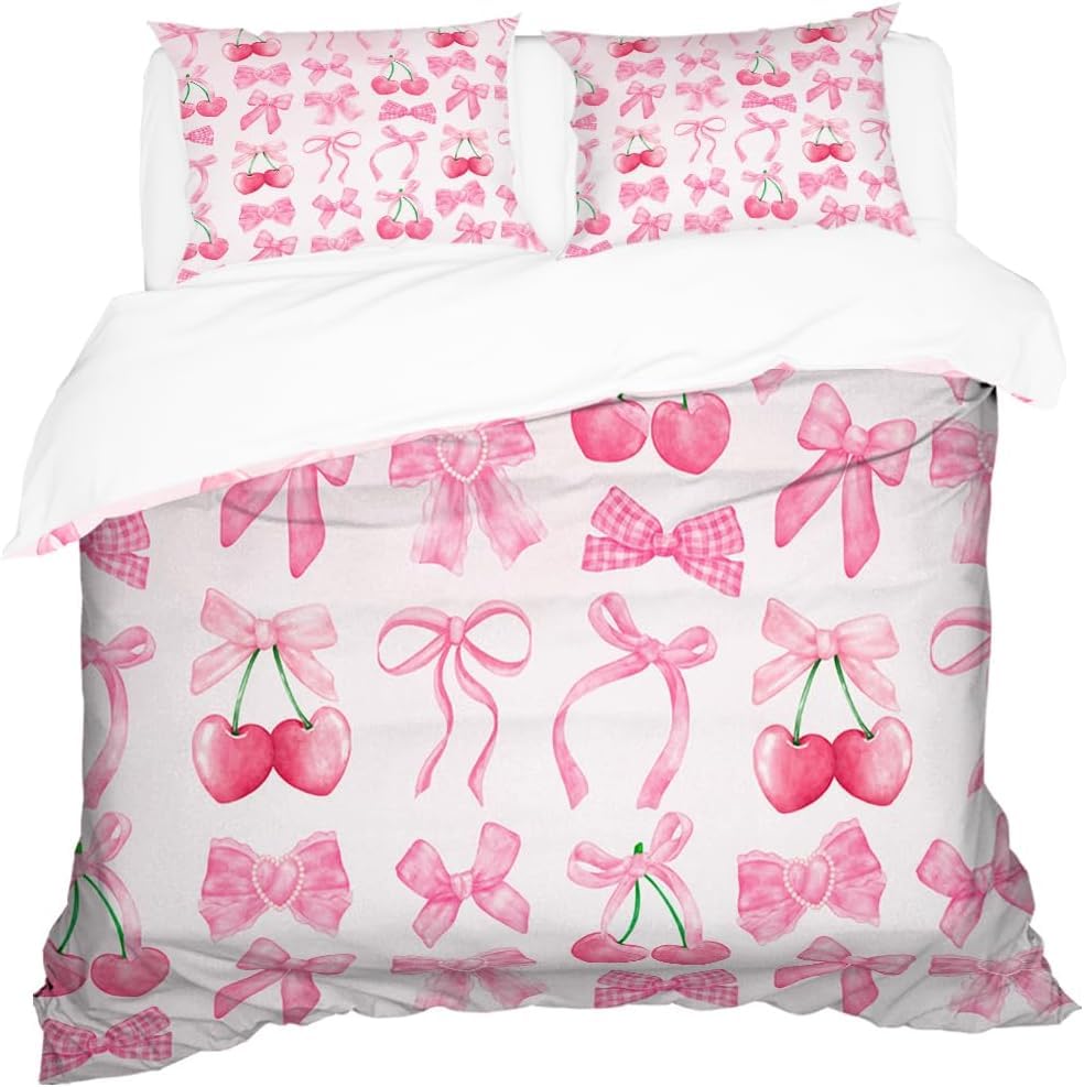 Comforter Pink Cherry Queen Size Cute Cartoon Fruit Comforter With Girl Kid Woman Breathable Bedding Set