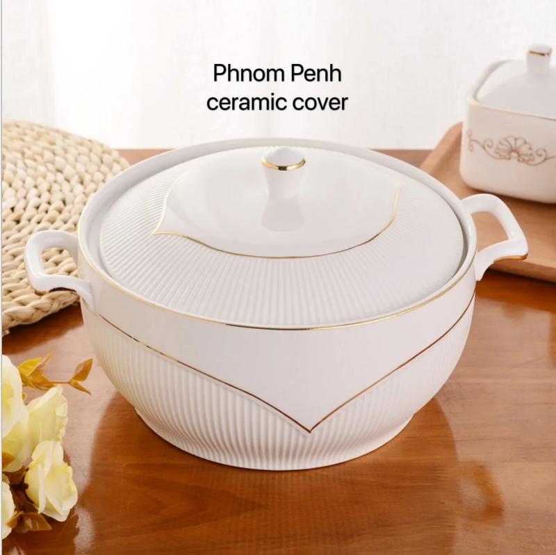 Ceramic Soup Pot Nordic Phnom Penh White Round 2.6L Large Bowl with Lid Cooking Utensils Household Kitchen Supplies Tableware