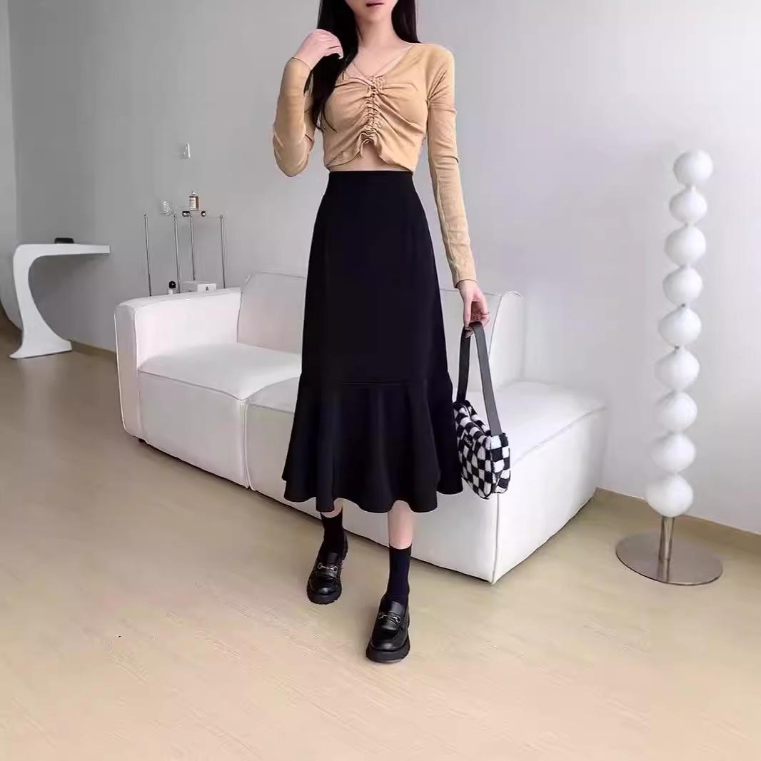 

2024 Summer Petite Plus Size High Waist Fishtail Midi Skirt XL чёрный