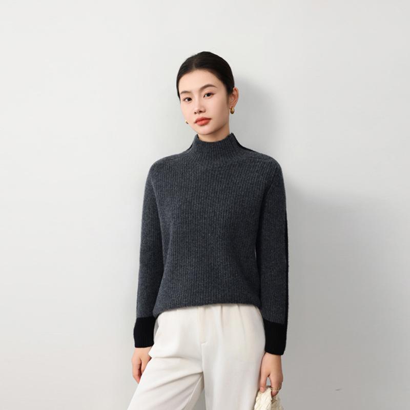 European & American Style Color Block Wool Pullover: Women's Slimming, Semi-High Neck, Autumn/Winter Fashion Knitted Sweater.