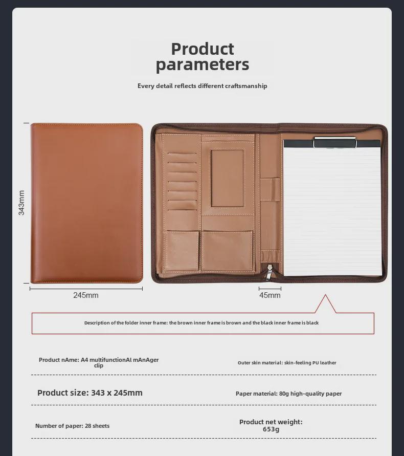 A4 Leather Multifunctional Zipper Briefcase with Notepad for Business Documents