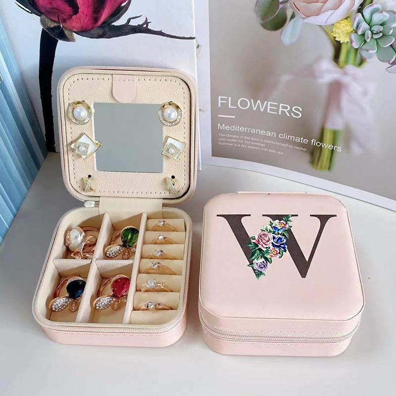 PU Leather Jewelry Box Mirror Storage Box 26 Letter Printed Portable Jewelry Organizer Earring Ring Necklace Case