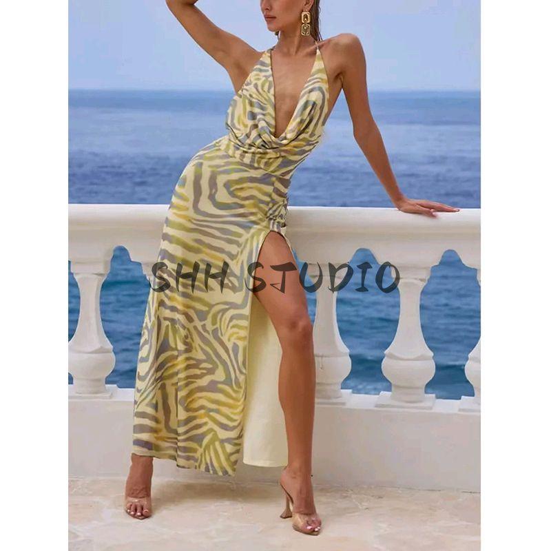 Spring Women Clothes Seaside Holiday Style V-neck Sleeveless Printed Tape Lining Cloth Hanging Neck Mid-Length Mini Dress