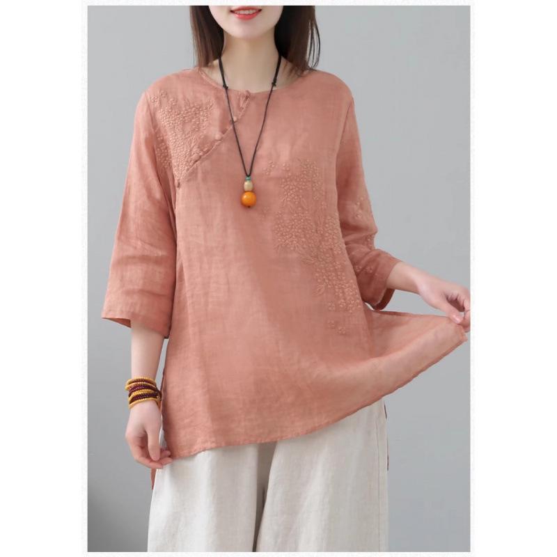 Women s Summer Ethnic Style Cotton-Linen Shirt with Heavy Embroidery - Retro Artistic Top M