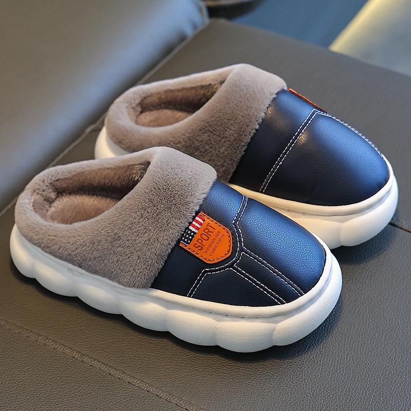 Children's Non-Slip Waterproof Slippers - Soft Cotton, PU Leather, Velvet-Lined for Parents & Kids, Winter Warm