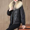 Women's PU Leather Simple Warm Jacket Winter Fur Collor Short Puffer Parkas Fur Outwear