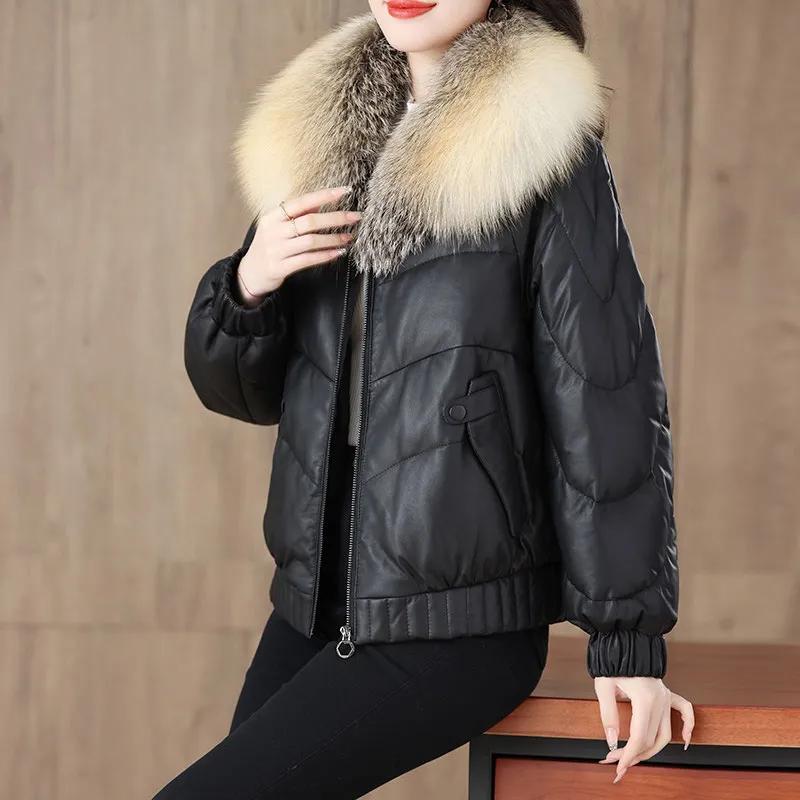 Women's PU Leather Simple Warm Jacket Winter Fur Collor Short Puffer Parkas Fur Outwear