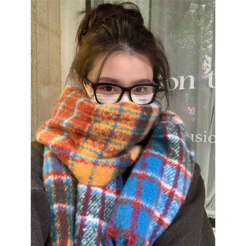Autumn and winter rainbow plaid imitation cashmere scarf female student couple mohair warm scarf long shawl