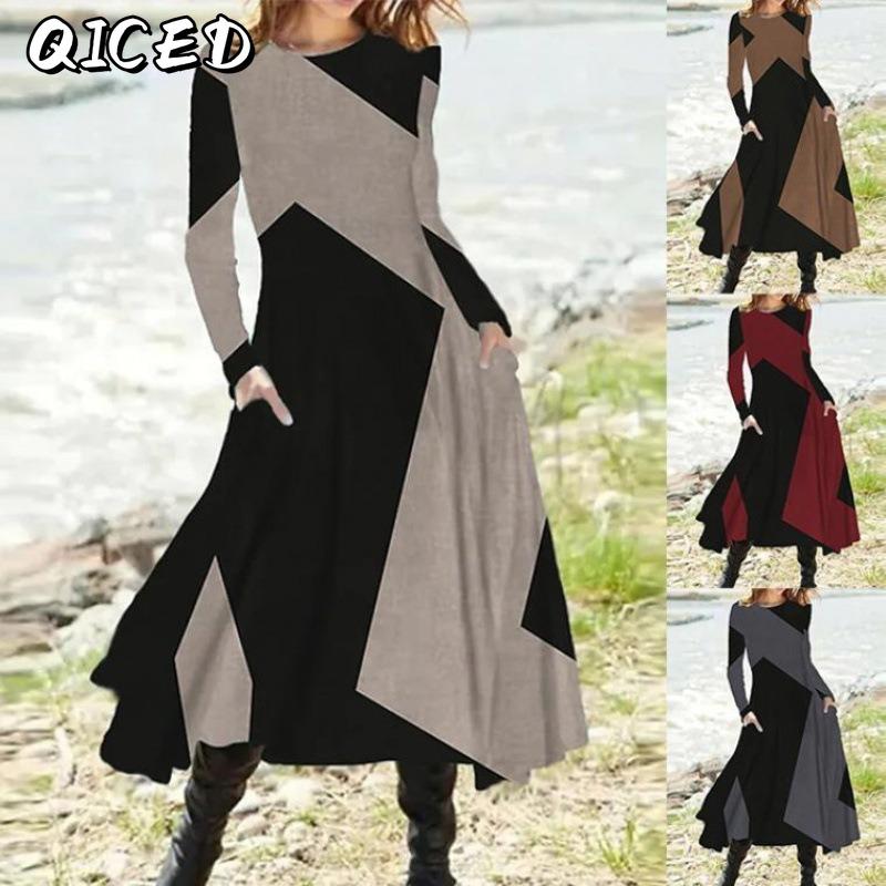 QICED Fashion Autumn Winter Long Sleeve O-Neck Casual Dresses